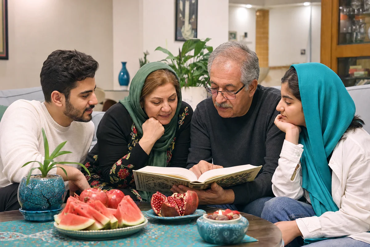 دیوان حافظ باز روی میز شب یلدا کنار انار، شمع و دست‌های اعضای خانواده