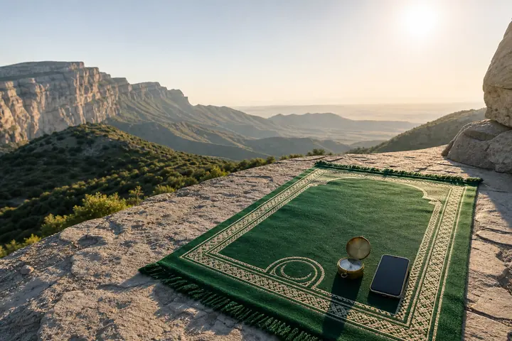سجاده، قطب‌نما و گوشی در چشم‌انداز کوهستانی برای پیدا کردن قبله در سفر